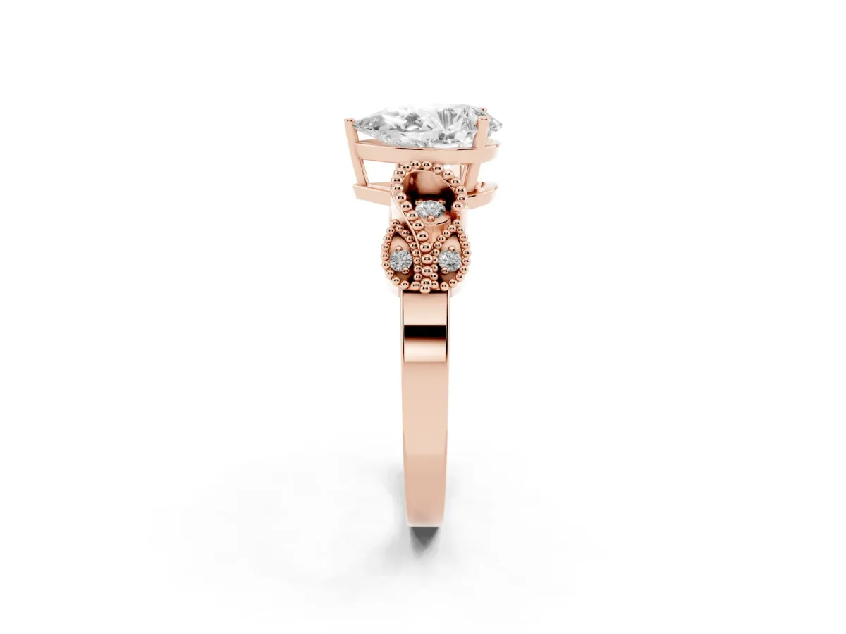 Pear Cut Solitaire Milgrain Leaf Band with Prong Setting Rose gold