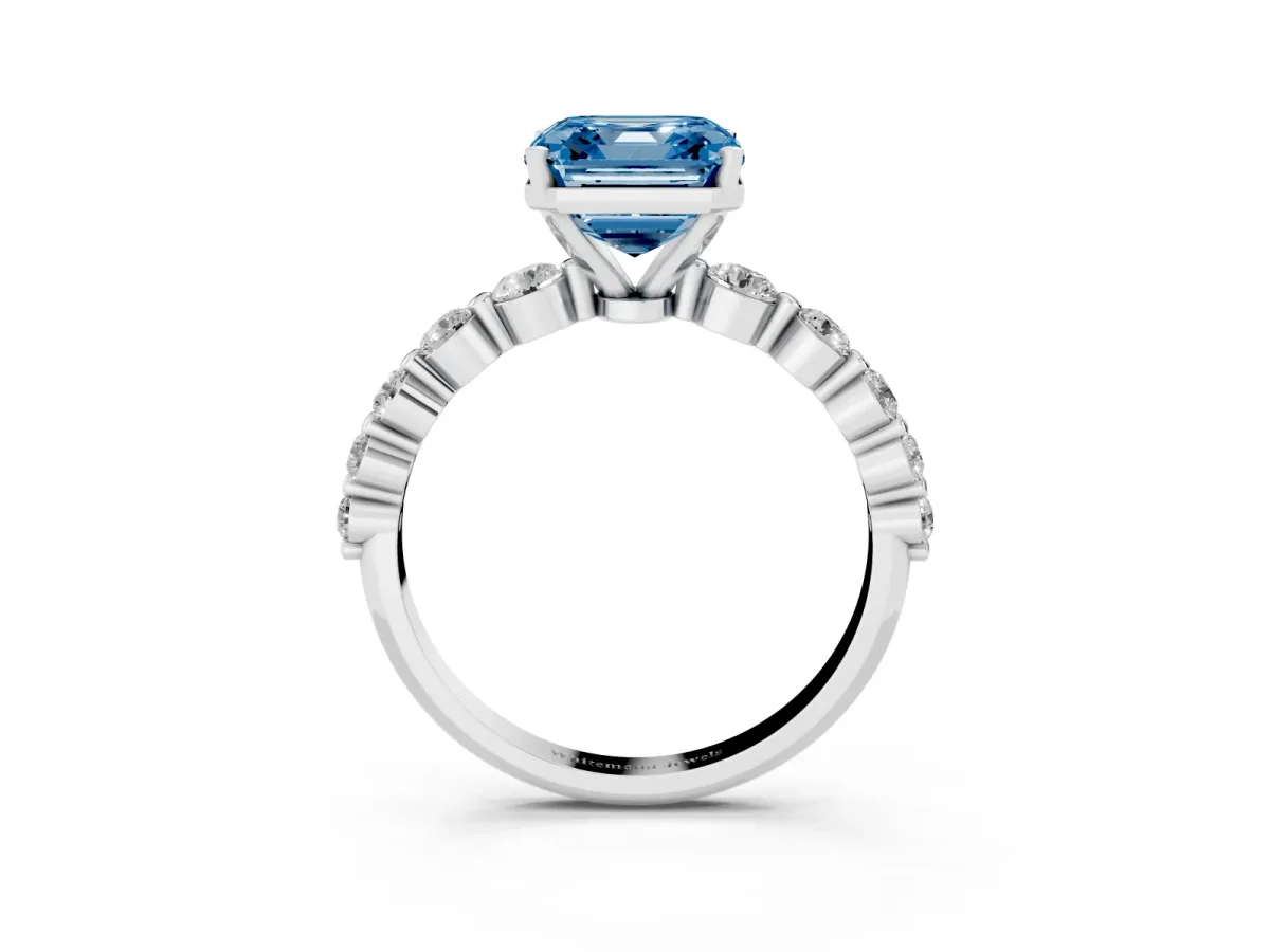 Fancy Blue Asscher Cut Solitaire Diamond Ring with Pave Band and Four-Prong Setting Silver