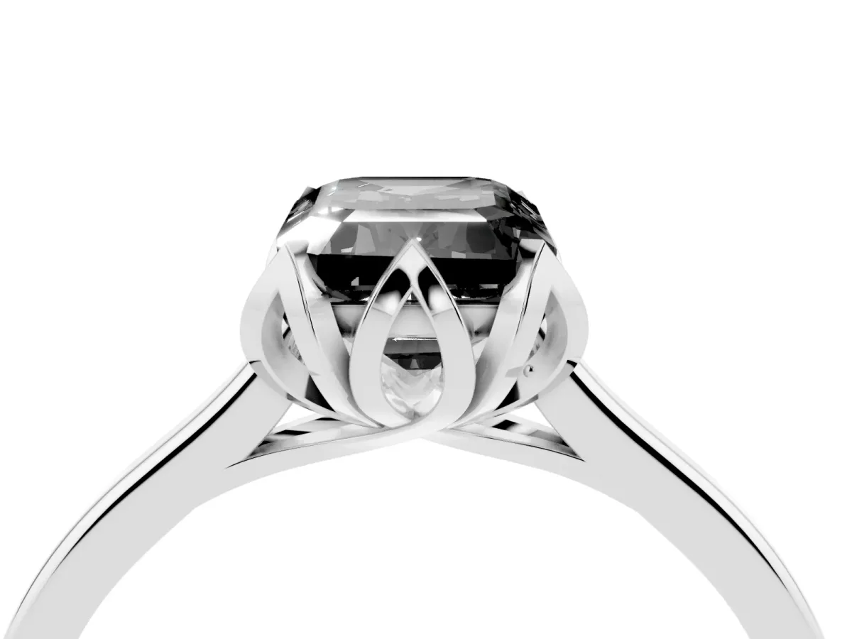 Fancy Black Emerald Cut Diamond Solitaire Ring with Flower Prong Setting and Classic Band Silver