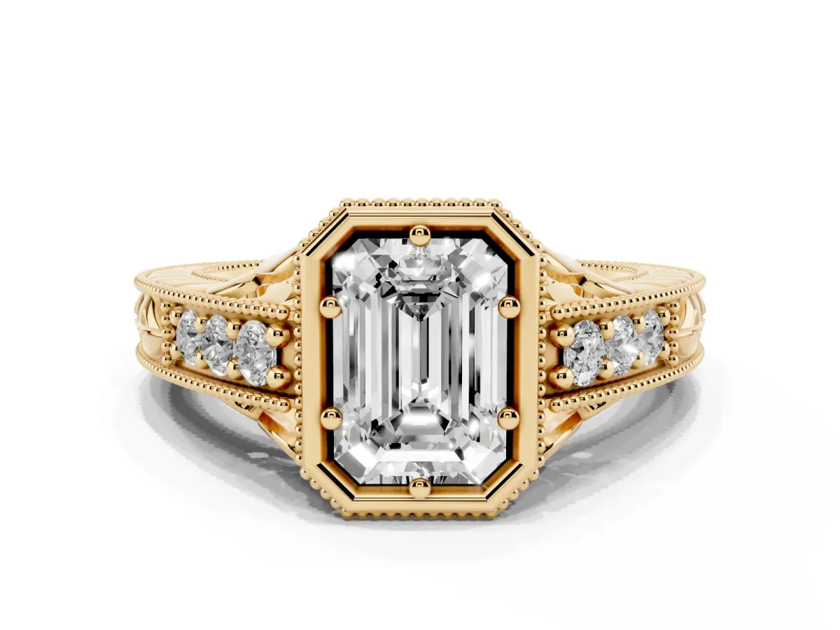 Bezel Set Emerald Cut Diamond Milgrain Pave Engagement Ring Yellow gold