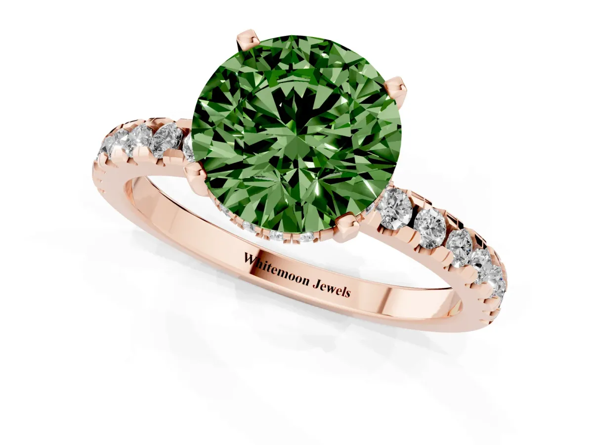 Fancy Green Round Cut Diamond Solitaire Ring with Round Pavé Band and Four-Prong Setting Rose gold