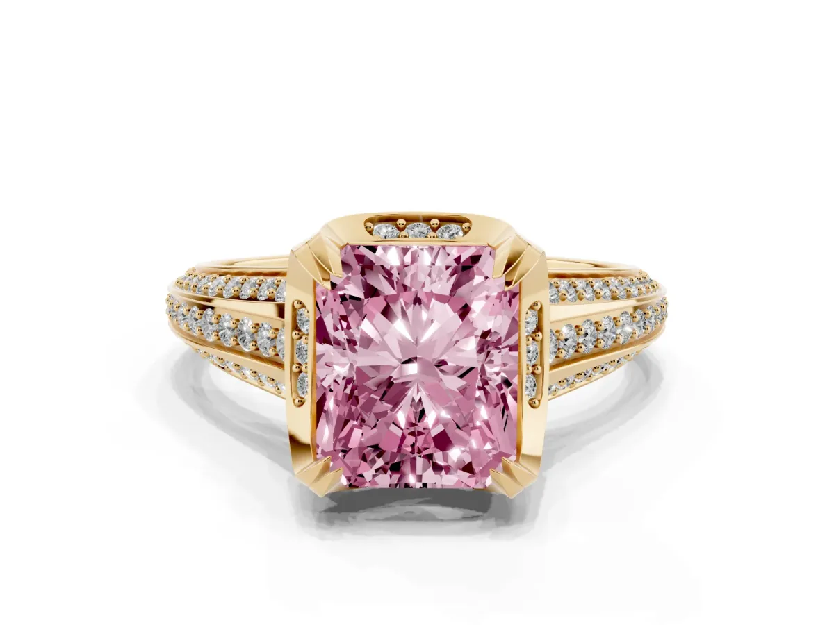 Fancy Pink Radiant Cut Solitaire Pave Split Shank Ring with Four-Prong Setting Yellow gold