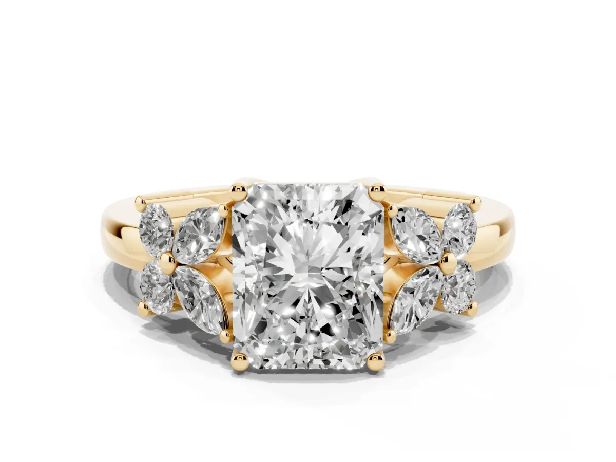 Radiant Cut Diamond Floral Cluster Ring with Solitaire Band and Prong Setting Yellow gold
