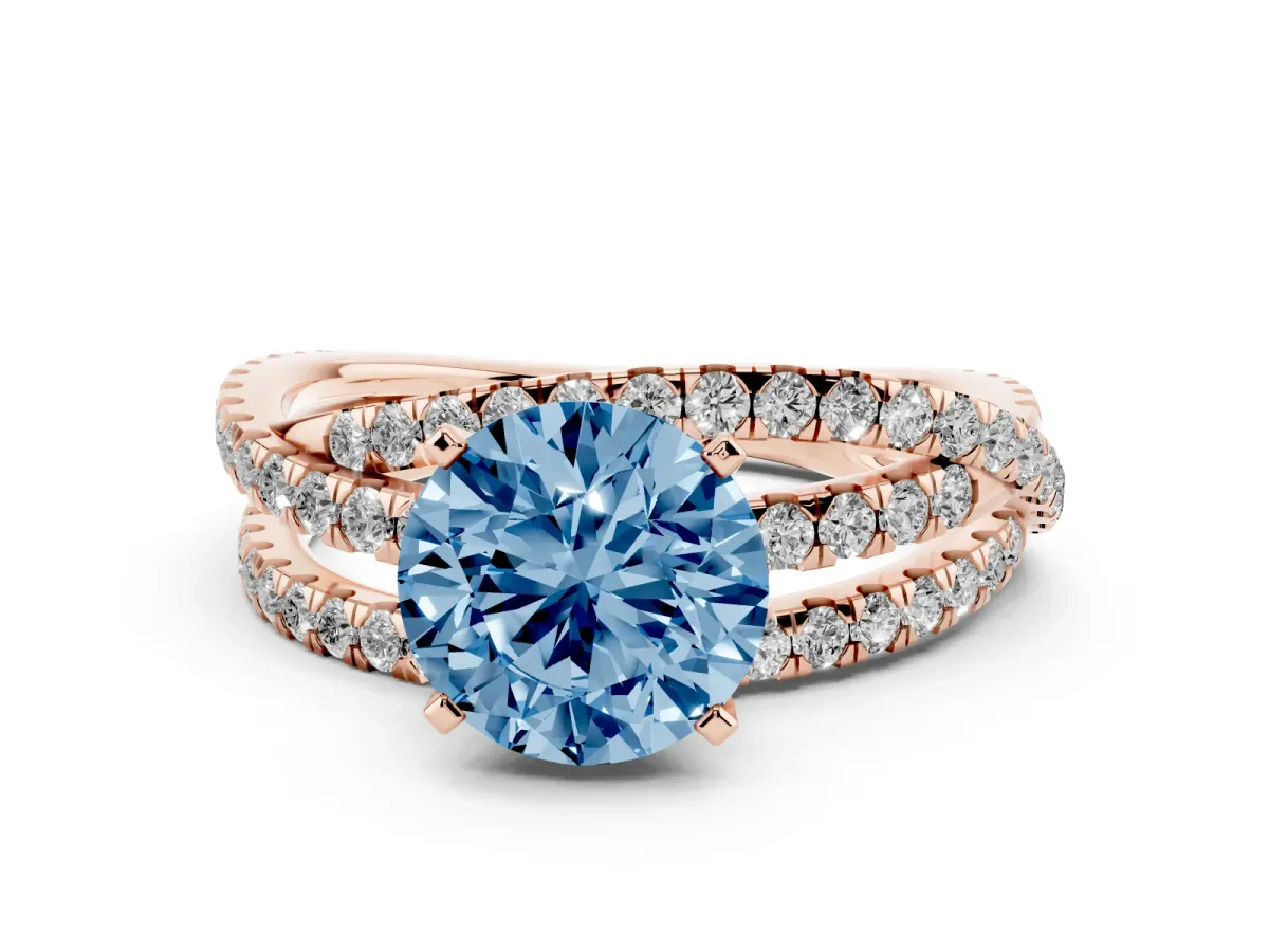 Fancy Blue Round Cut Solitaire Twist Band with Pavé Setting and Four-Prong Setting Rose gold