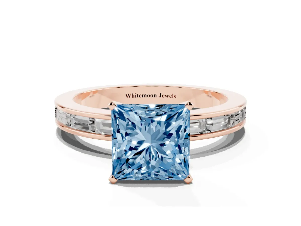 Fancy Blue Princess Cut Solitaire Diamond Ring with Channel-Set Baguette Band and Four-Prong Setting Rose gold