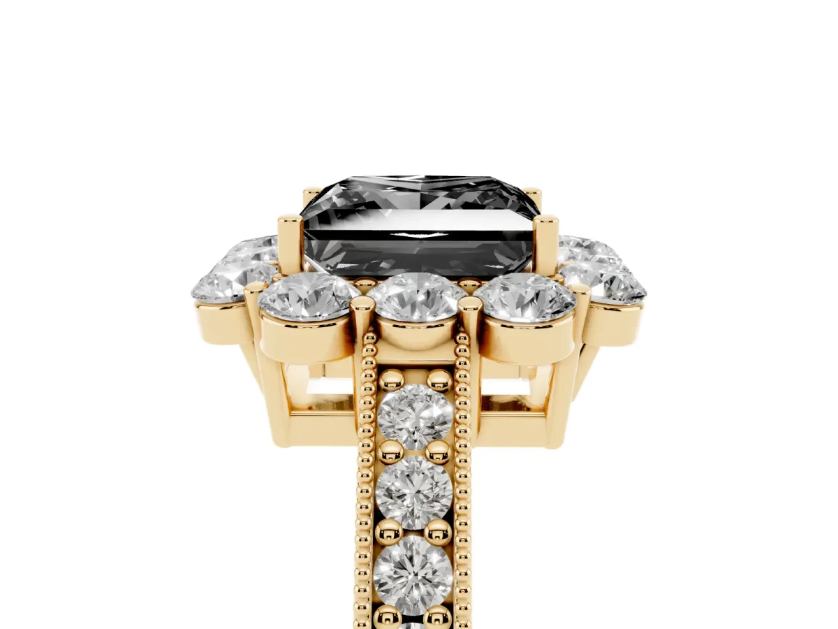 Fancy Black Princess Cut Cut Halo Diamond Pavé Engagement Ring with Milgrain Detailing Yellow gold