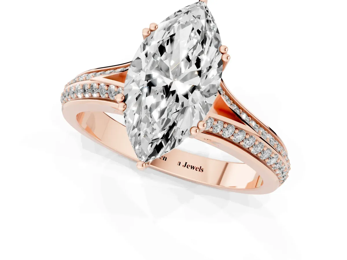 Marquise Cut Diamond Split Shank Engagement Ring with Pavé Band Rose gold