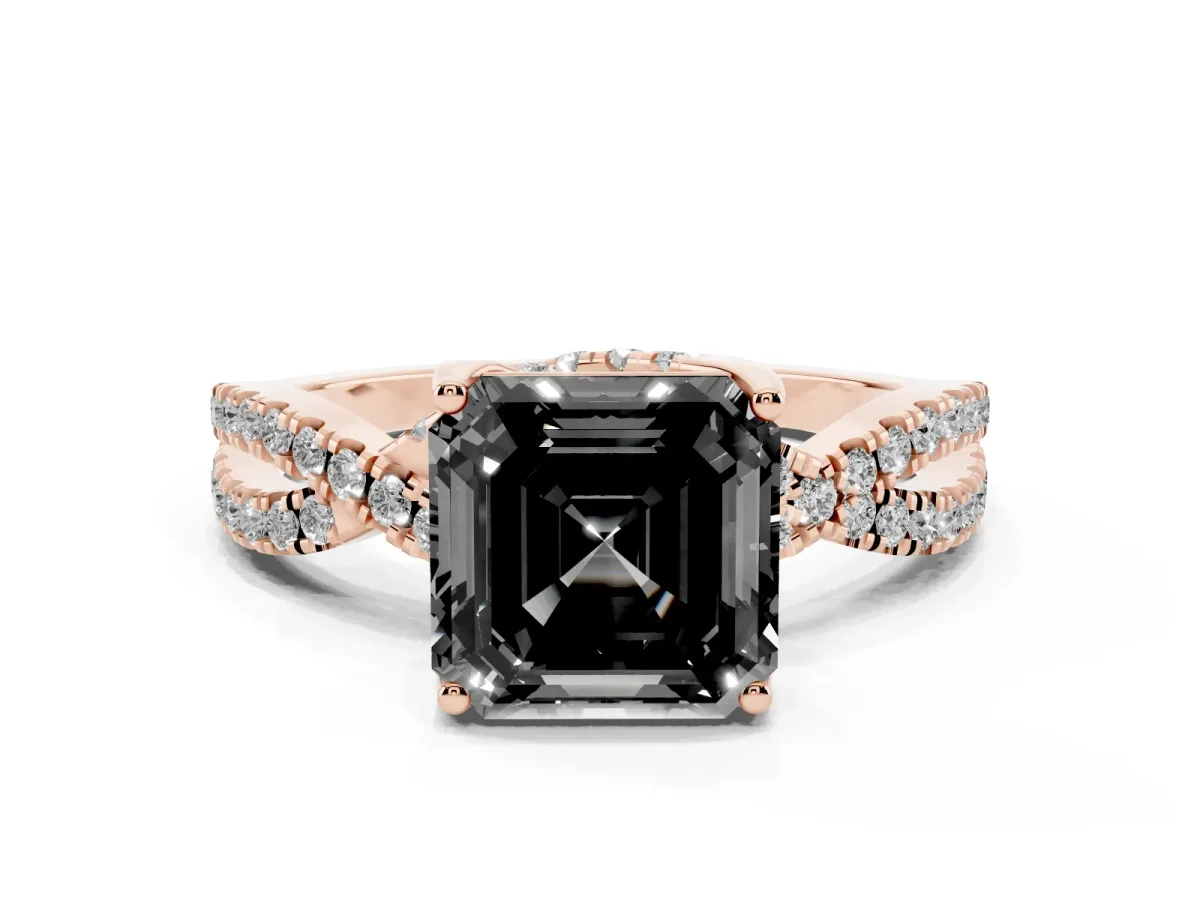 Fancy Black Asscher Cut Solitaire Twist Pave Diamond Engagement Ring with Prong Setting Rose gold