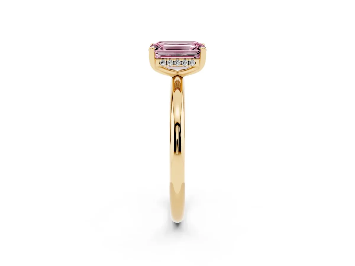 Fancy Pink Emerald Cut Cut Solitaire Engagement Ring with Four-Prong Setting and Classic Band Yellow gold