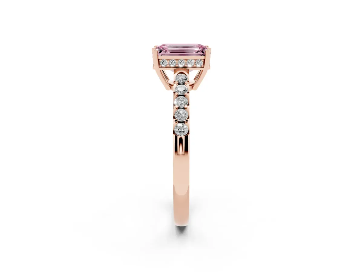 Fancy Pink Emerald Cut Solitaire Diamond Engagement Ring with Pavé Band and Six-Prong Setting Rose gold
