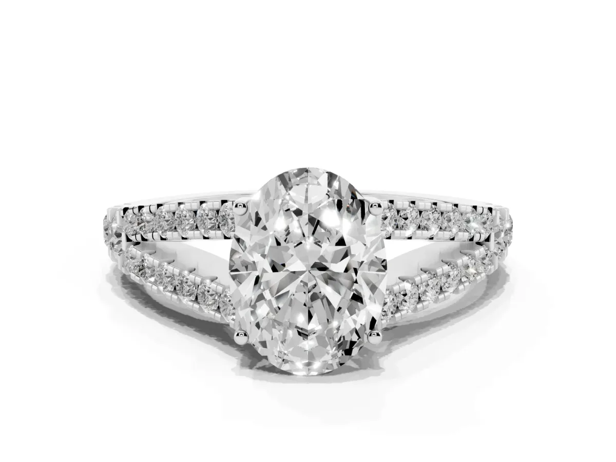 Oval Cut Diamond Split Shank Pavé Engagement Ring with Four-Prong Setting Platinum