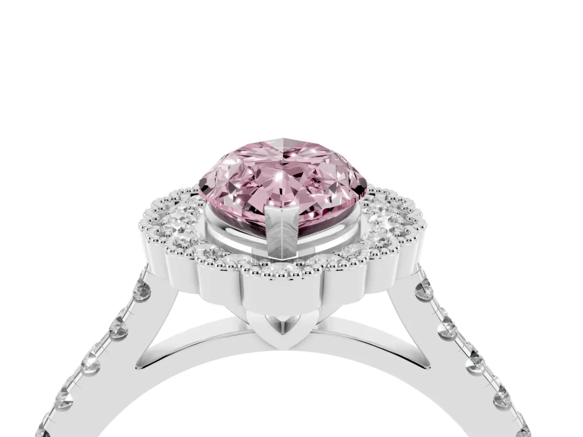 Fancy Pink Marquise Cut Cut Diamond Milgrain Floral Halo Engagement Ring with Pavé Band Silver