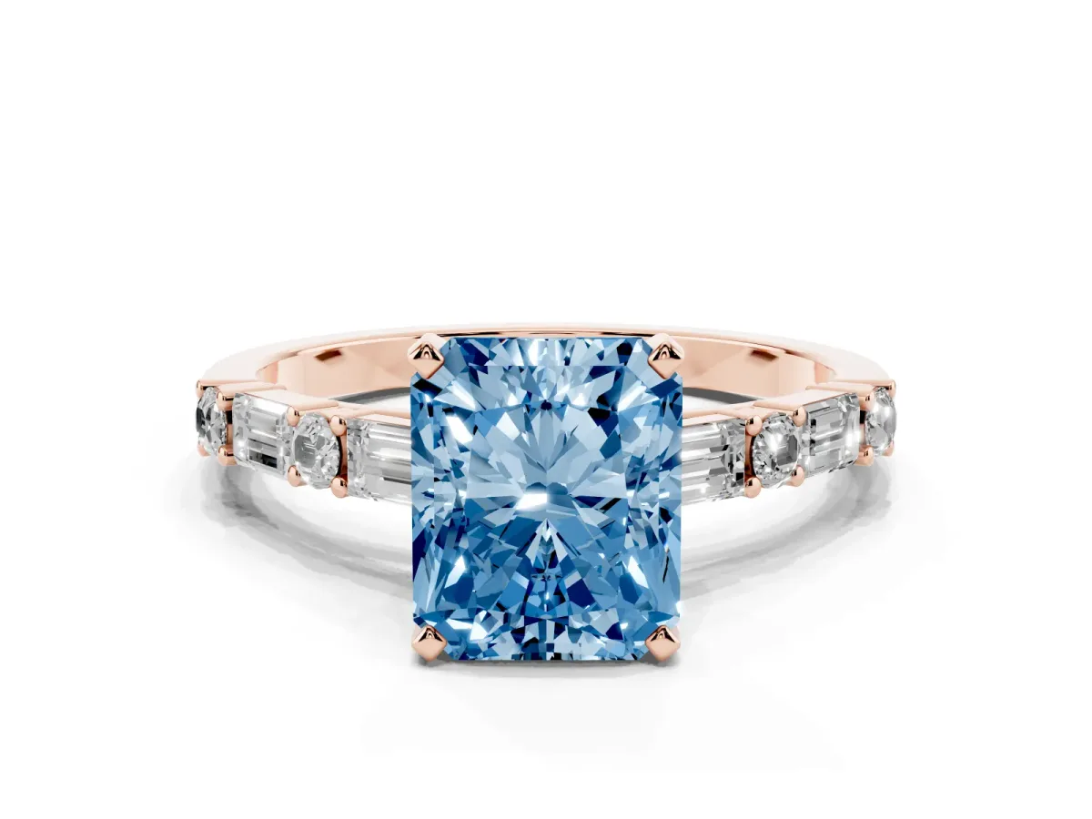 Fancy Blue Radiant Cut Diamond Solitaire with Side Baguettes and Channel Set Band Rose gold