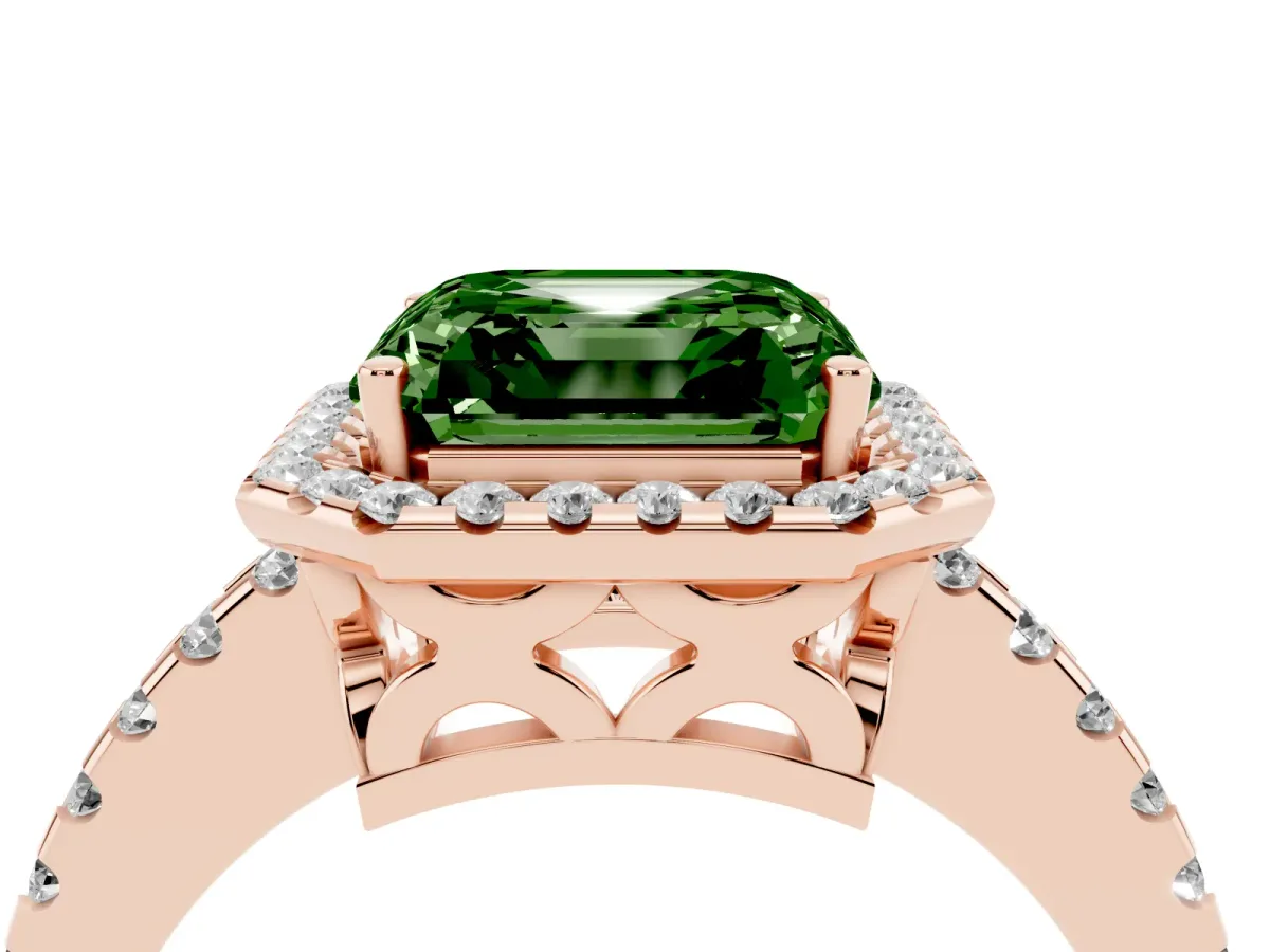 Fancy Green Asscher Cut Diamond Halo Engagement Ring with Pavé Band and Prong Setting Rose gold