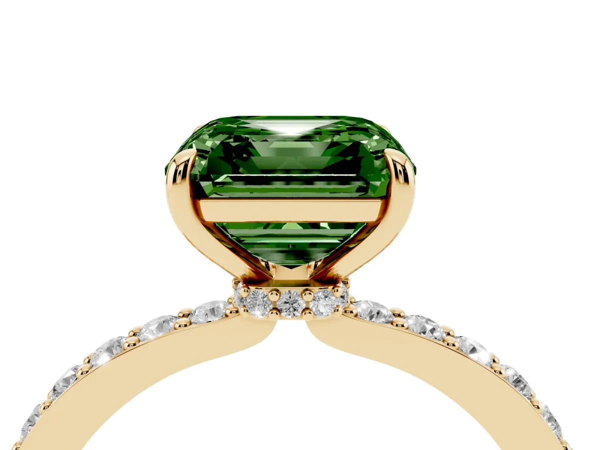Fancy Green Asscher Cut Diamond Solitaire Engagement Ring with Pavé Band and Four-Prong Setting Yellow gold