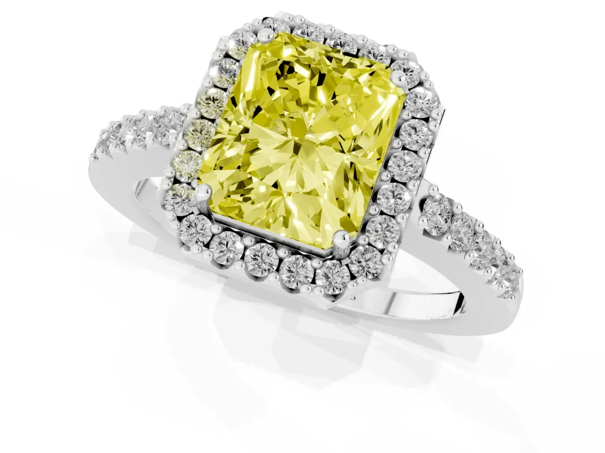 Fancy Yellow Radiant Cut Halo Diamond Pavé Solitaire Ring Platinum