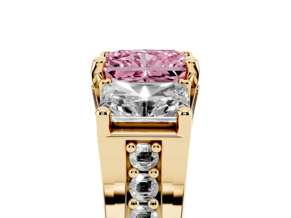 Fancy Pink Radiant Cut Diamond Three-Stone Ring with Channel Set Band and Four-Prong Setting Yellow gold
