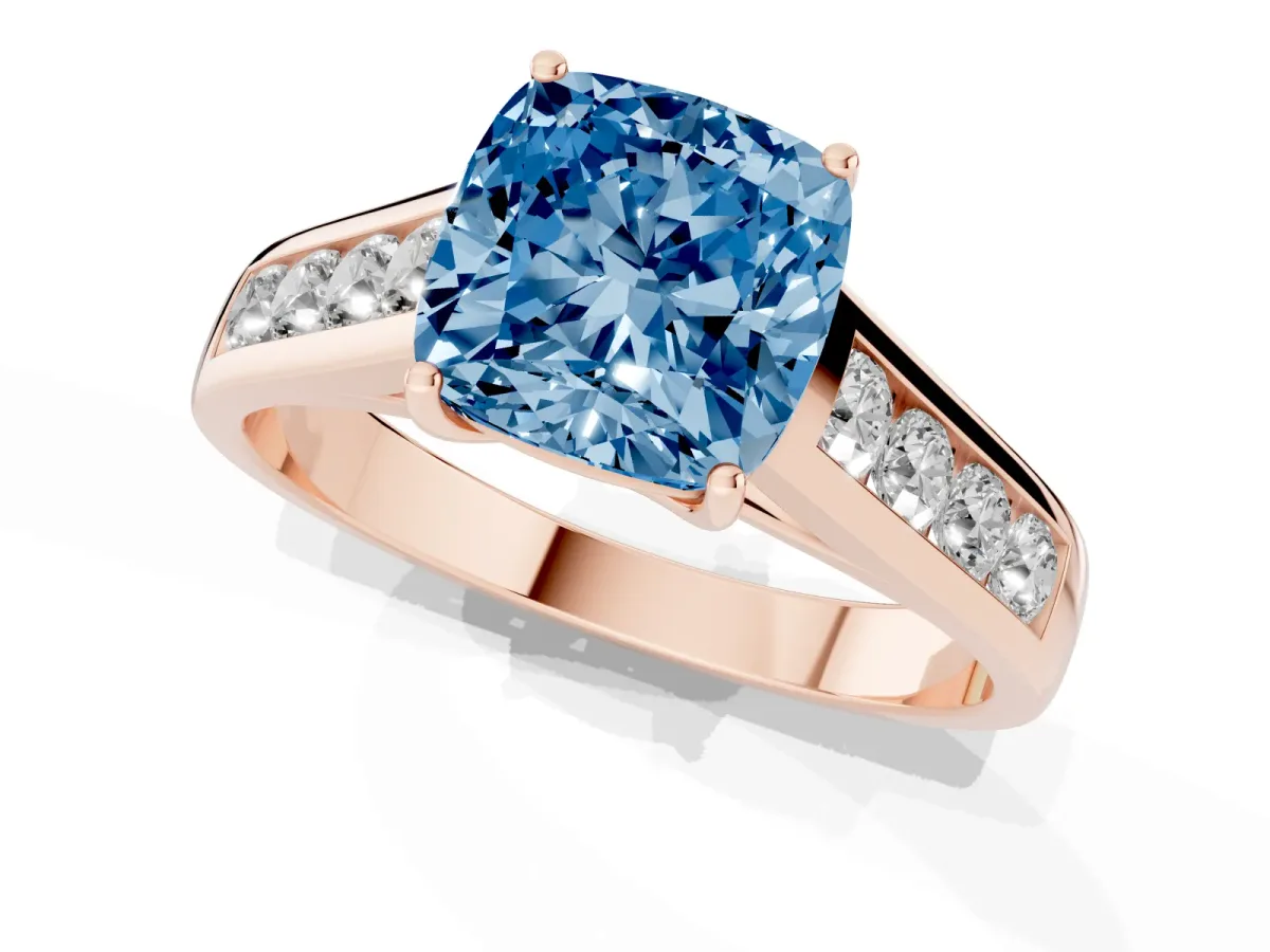 Fancy Blue Cushion Cut Brilliant Channel-Set Solitaire Ring with Four-Prong Setting Rose gold