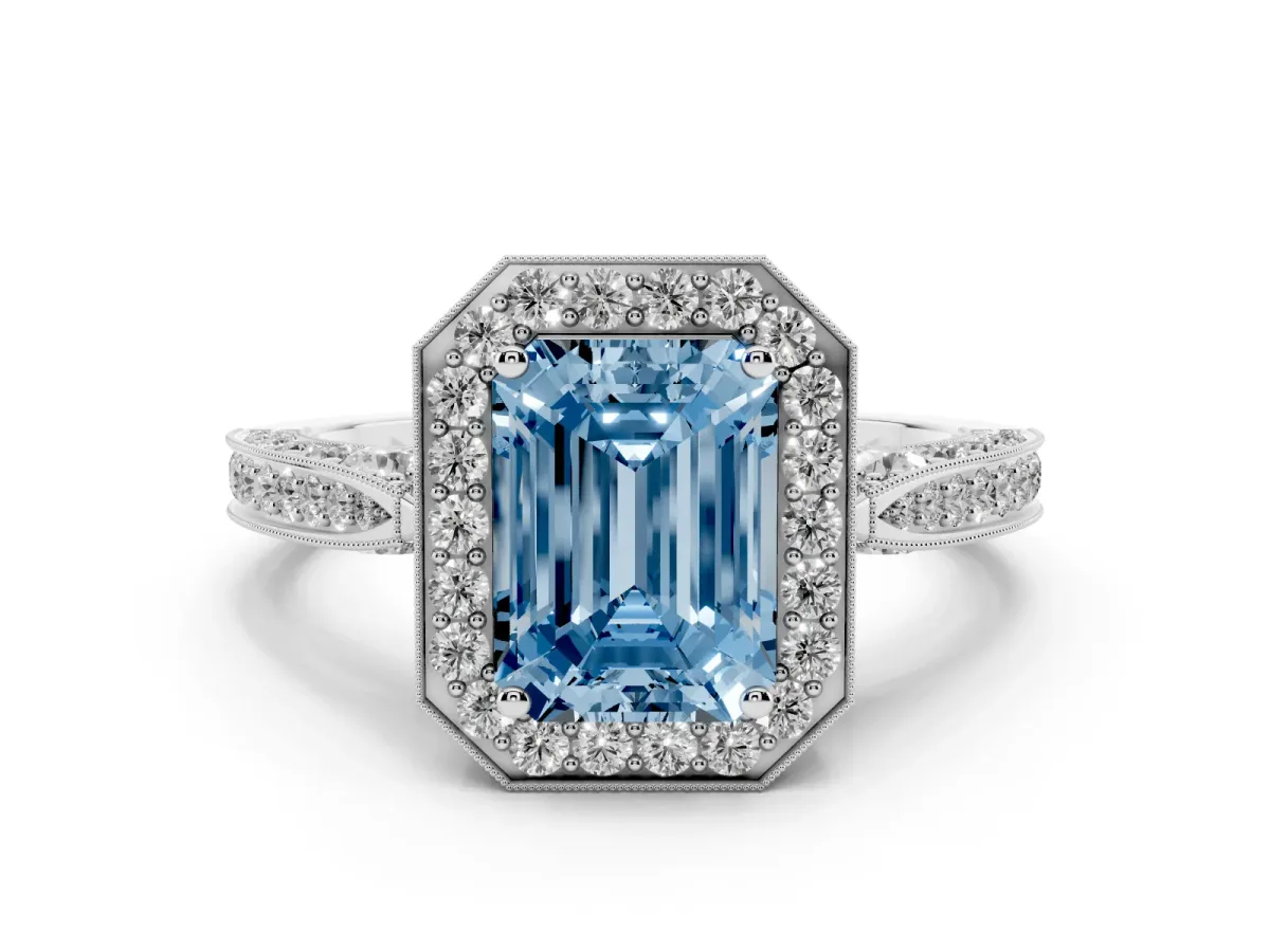 Fancy Blue Emerald Cut Halo Diamond Engagement Ring with Split Shank Band and Four-Prong Setting Silver