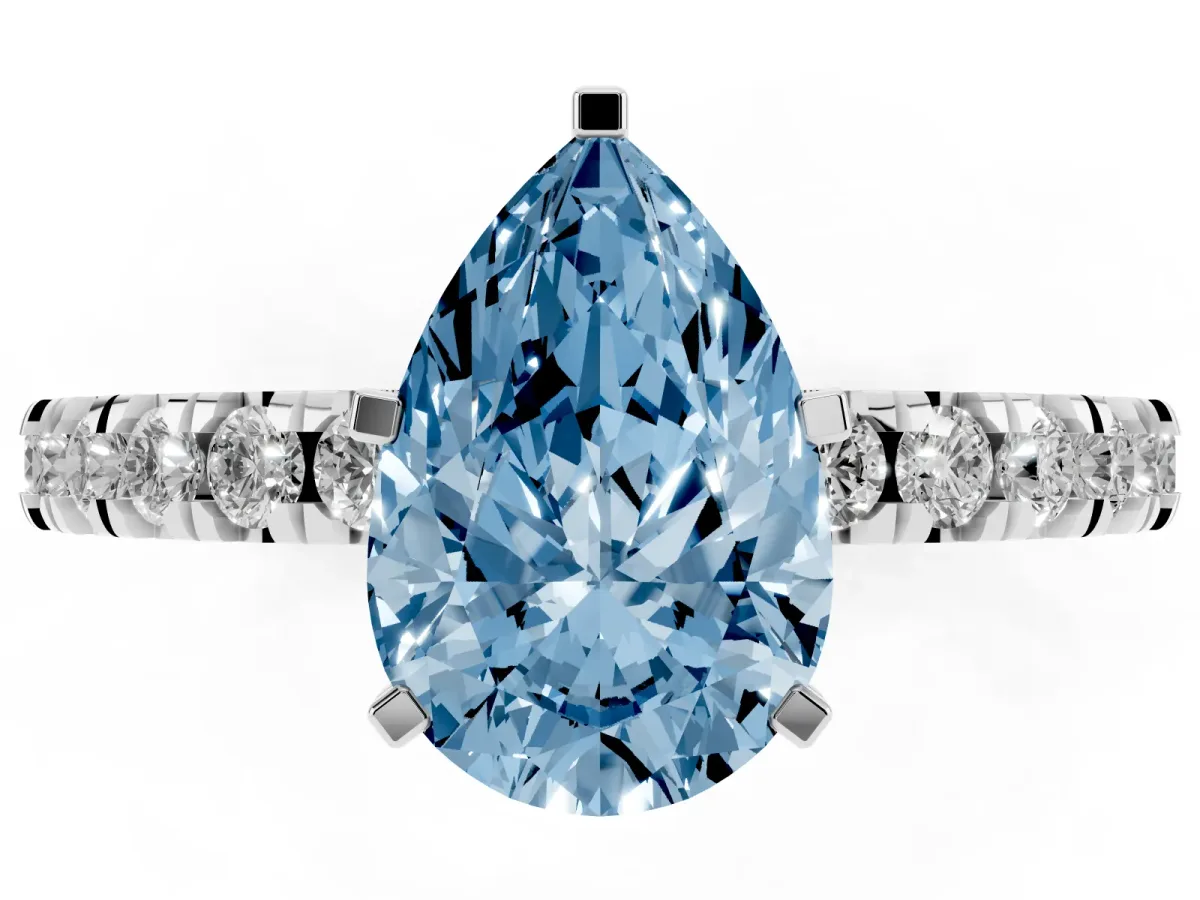 Fancy Blue Pear Cut Diamond Pavé Band Solitaire with Four-Prong Setting Silver