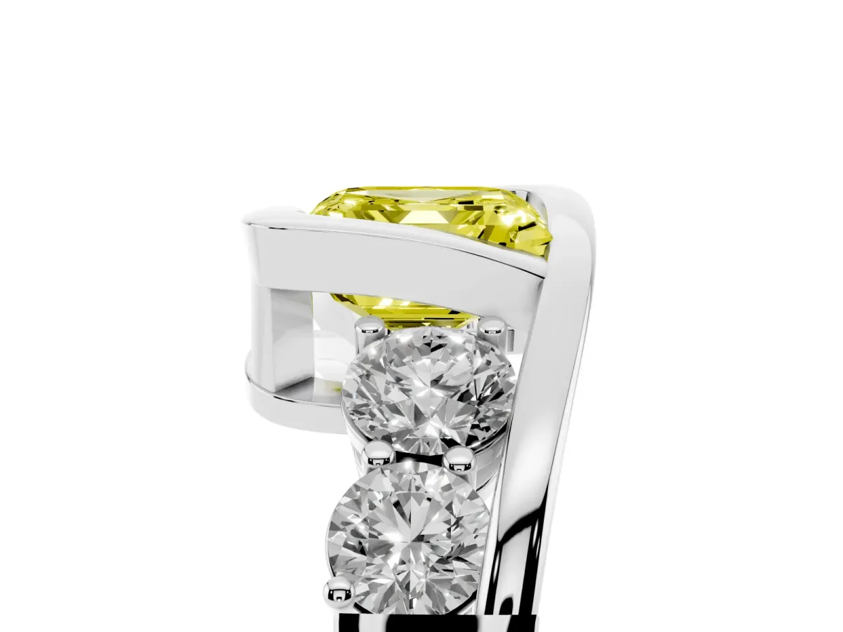 Fancy Yellow Bezel Set Asscher Cut Diamond Bypass Ring with Round Accents Platinum