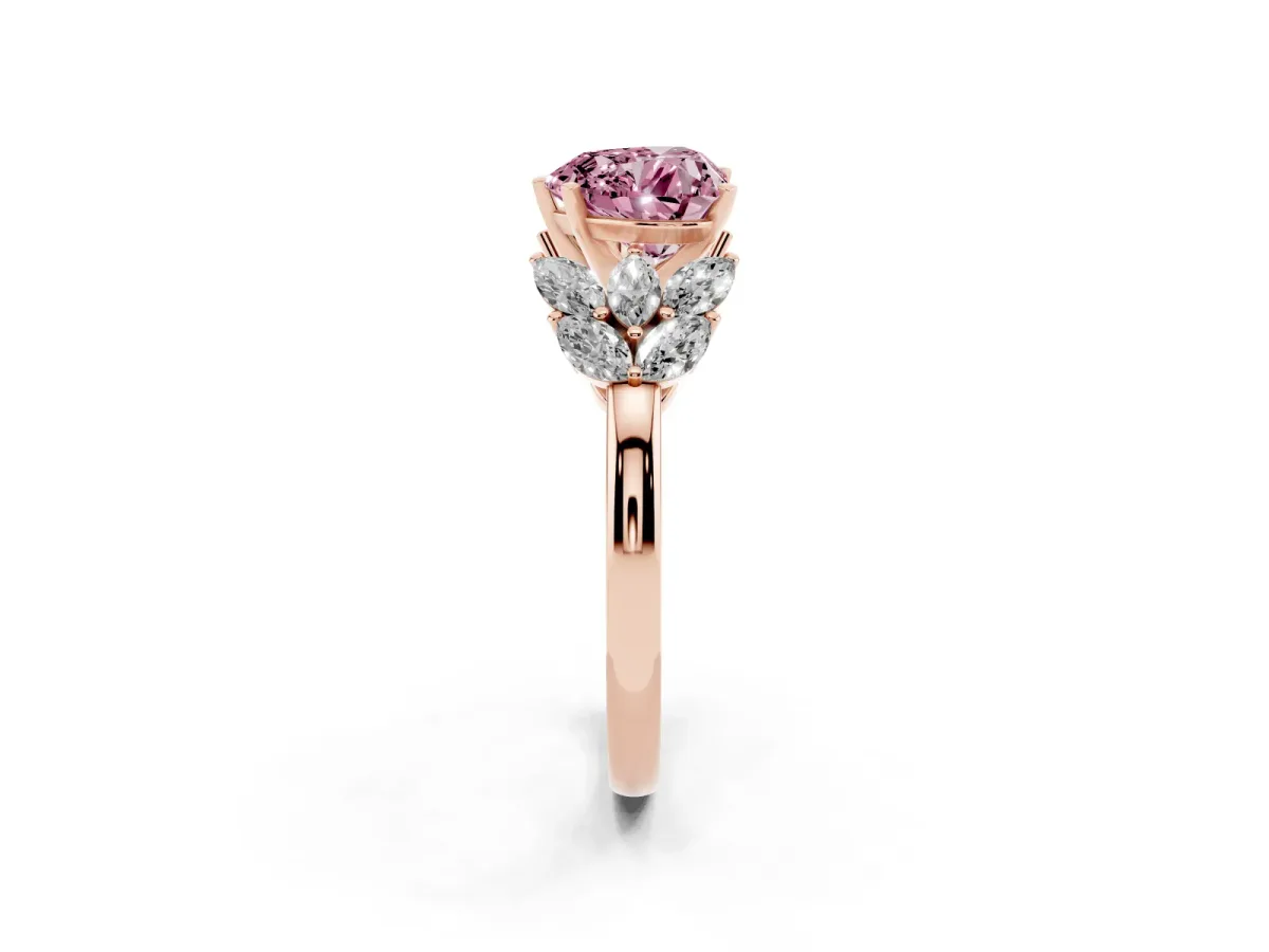 Fancy Pink Heart Cut Diamond Cluster Leaf Design Ring with Prong Setting Rose gold