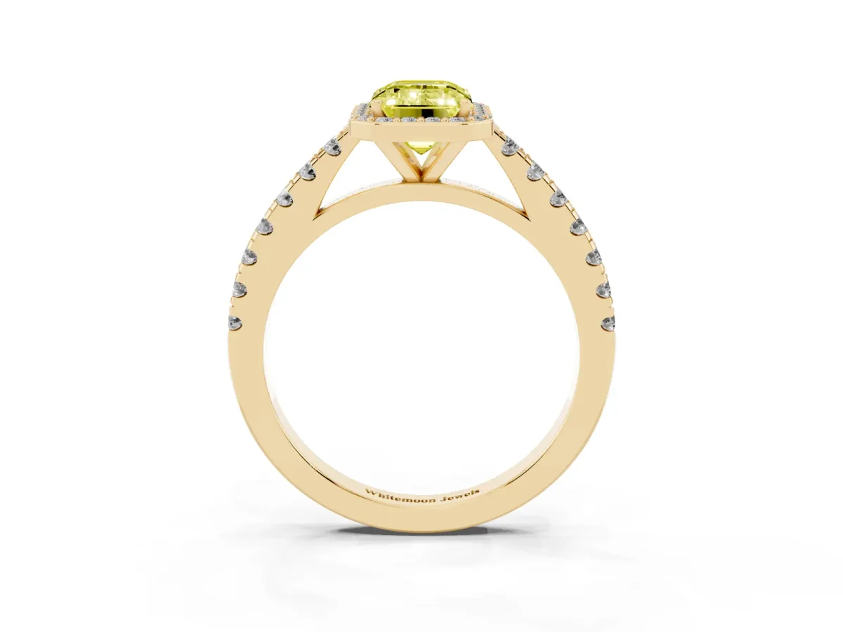 Fancy Yellow Emerald Cut Cut Halo Diamond Engagement Ring with Pave Band and Four-Prong Setting Yellow gold