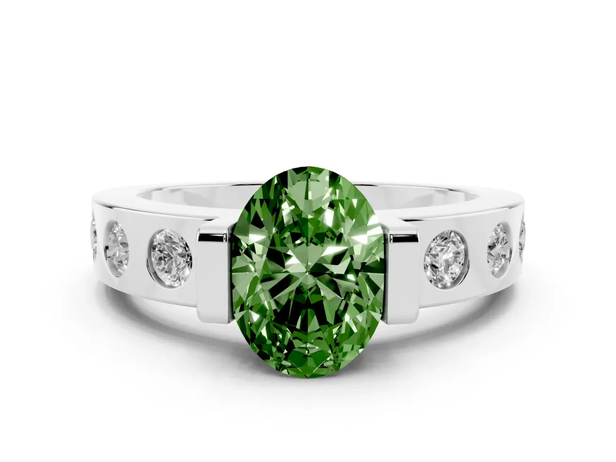 Fancy Green Oval Cut Brilliant Channel-Set Diamond Ring with Bezel Prong Setting Silver