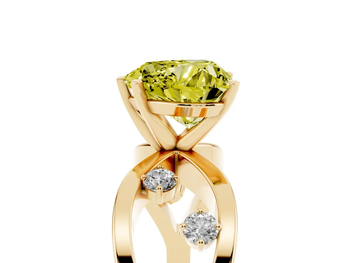 Fancy Yellow Heart Cut Cut Solitaire Diamond with Side Stones on Criss-Cross Band and Four-Prong Setting Yellow gold