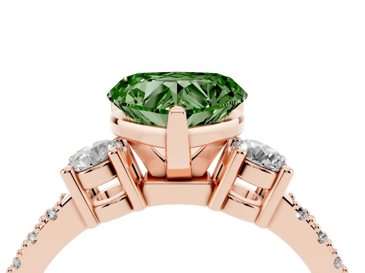 Fancy Green Heart Cut Three-Stone Diamond Pavé Band with Prong Setting Rose gold
