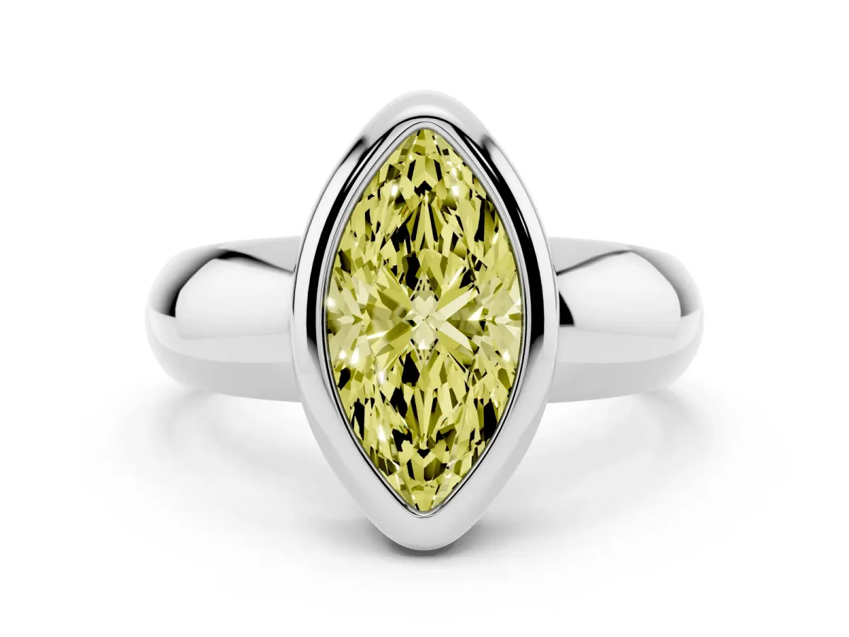 Fancy Yellow Bezel Set Marquise Cut Solitaire Ring with Wide Band Platinum