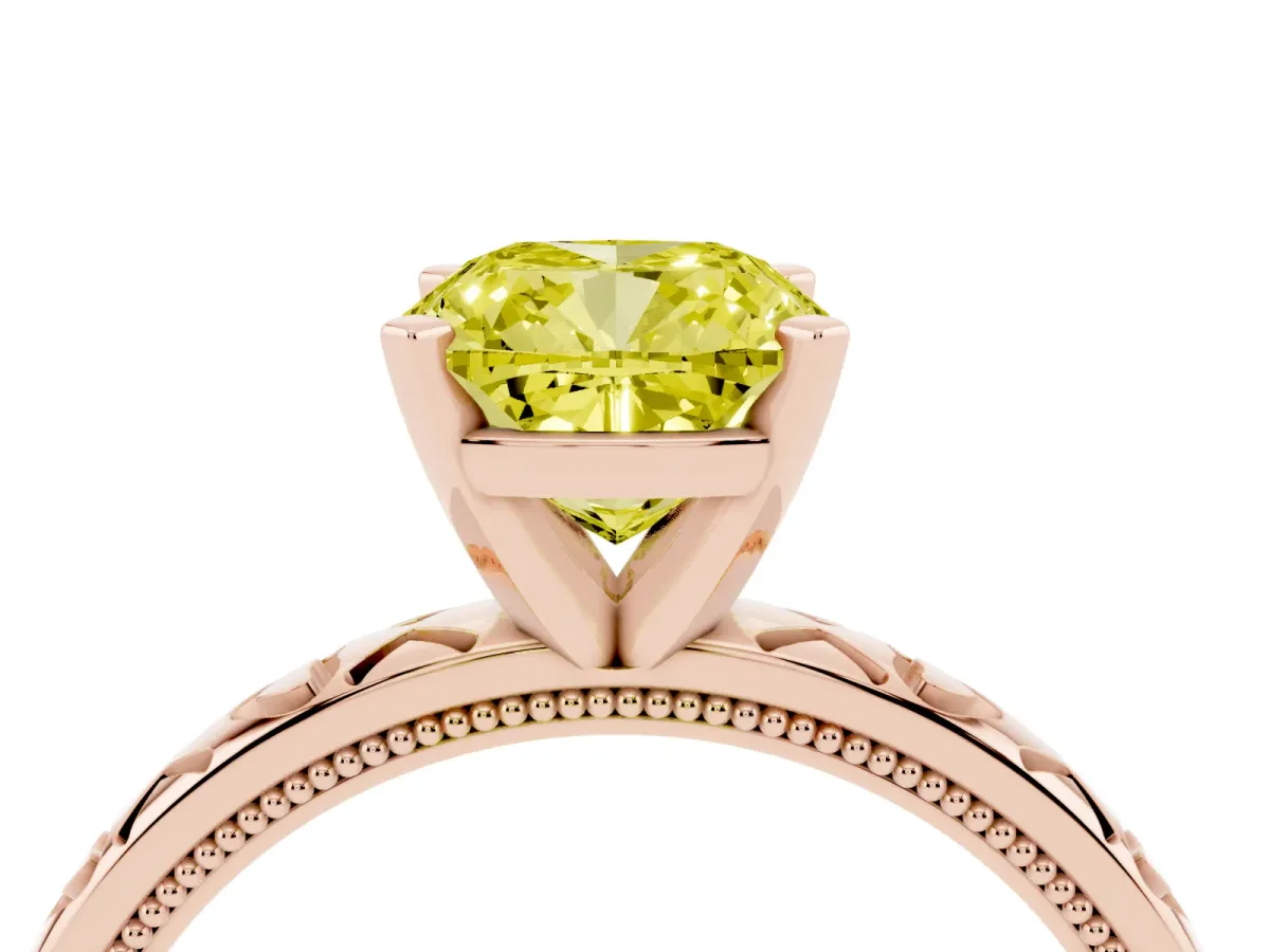 Fancy Yellow Cushion Cut Solitaire Diamond Engagement Ring with XO Engraved Band and Four-Prong Setting Rose gold