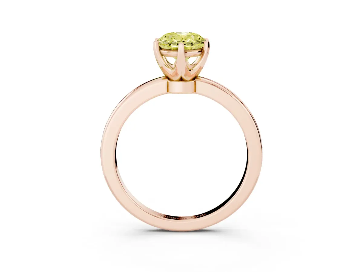 Fancy Yellow Oval Cut Solitaire Diamond Ring with Six-Prong Setting on a Classic Band Rose gold