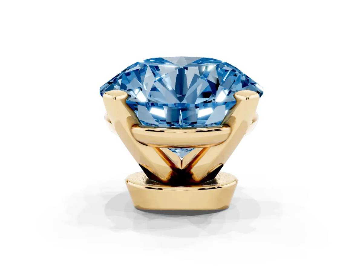 Fancy Blue Round Cut Diamond Solitaire Ring with Prong Setting and Classic Band Yellow gold
