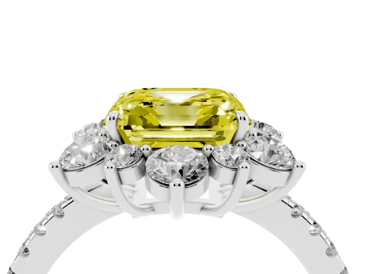 Fancy Yellow Asscher Cut Diamond Floral Halo Ring with Round Pavé Band and Prong Setting White gold