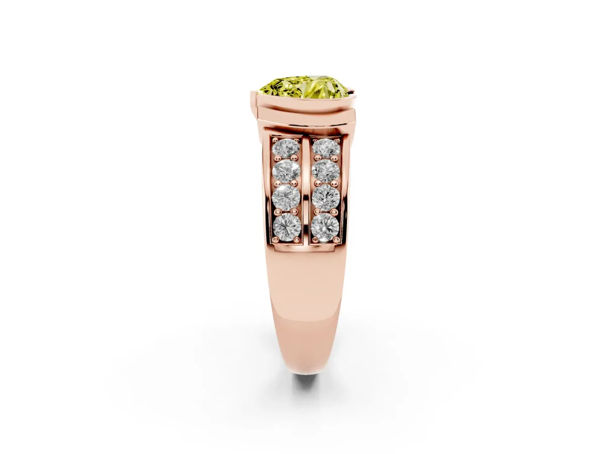 Fancy Yellow Heart Cut Brilliant Diamond Channel Set Wide Band Ring with Bezel Setting Rose gold