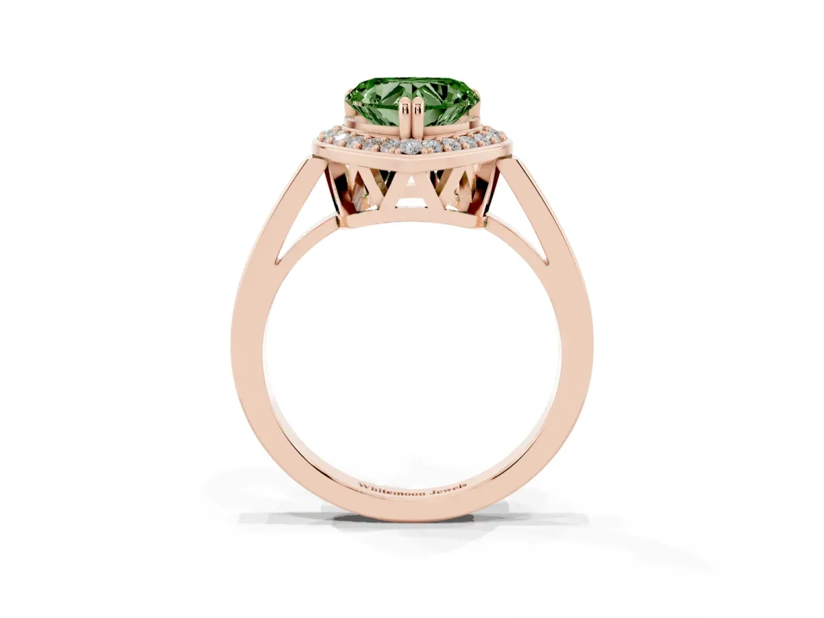 Fancy Green Heart Cut Diamond Halo Ring with Split Shank and Four-Prong Setting Rose gold