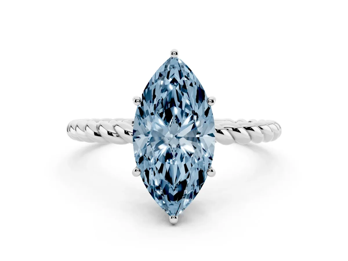 Fancy Blue Marquise Cut Solitaire Twist Band Ring with Four-Prong Setting Silver