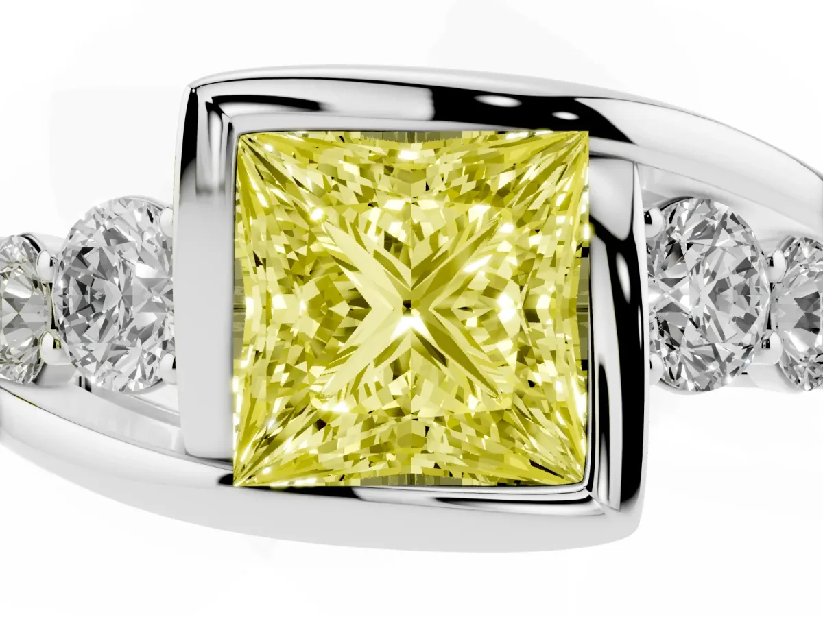 Fancy Yellow Bezel Set Princess Cut Diamond Bypass Ring with Round Accents Silver