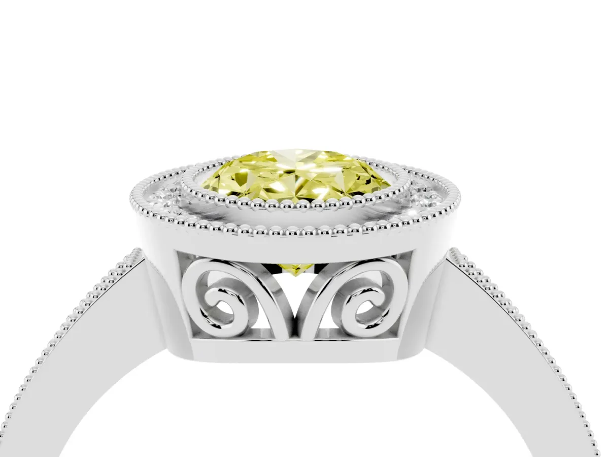 Fancy Yellow Oval Cut Cut Halo Diamond Ring with Pavé Band and Milgrain Prong Setting Platinum