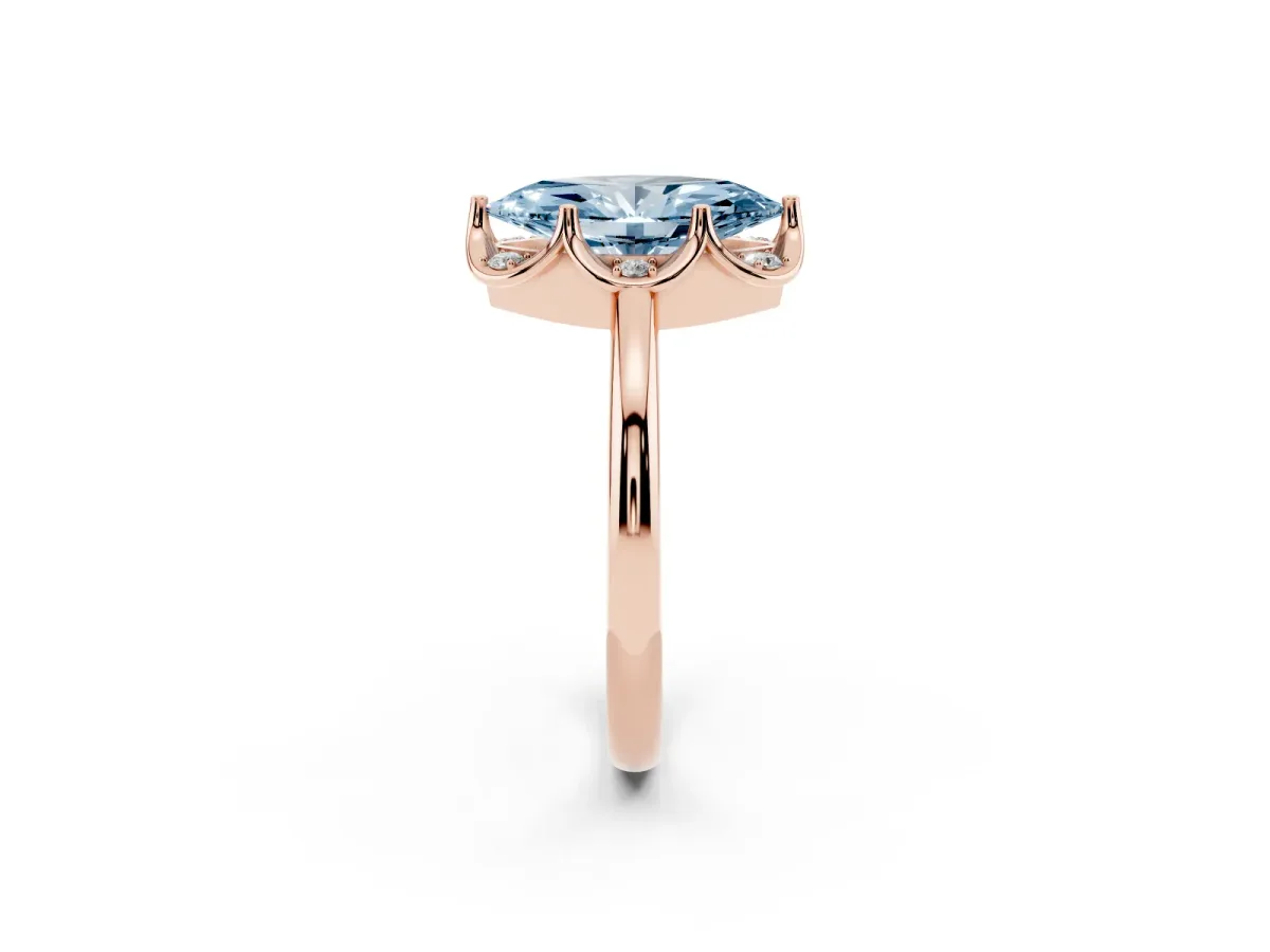Fancy Blue Marquise Cut Halo Diamond Ring with Round Cluster Setting, Solitaire Band, and Four-Prong Setting Rose gold