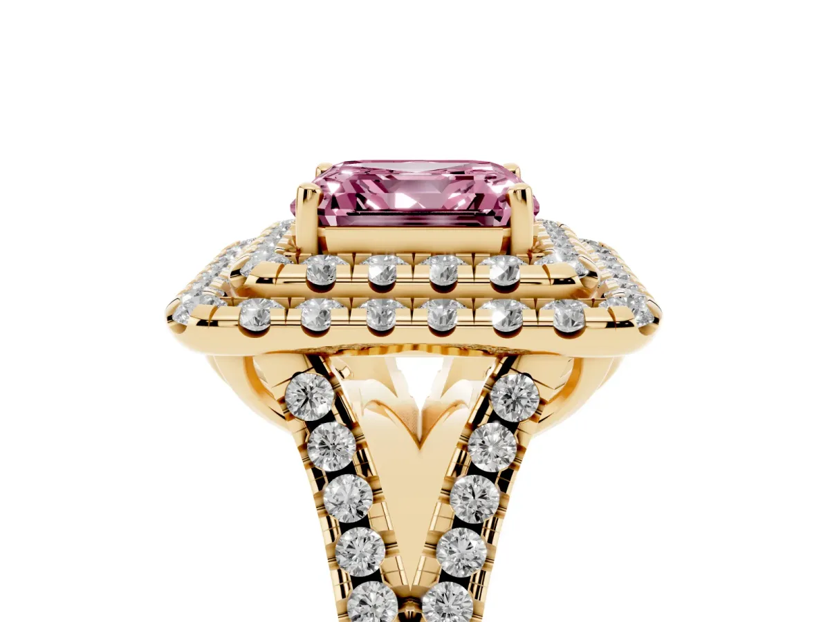 Fancy Pink Double Halo Asscher Cut Diamond Pavé Split Shank Ring with Prong Setting Yellow gold