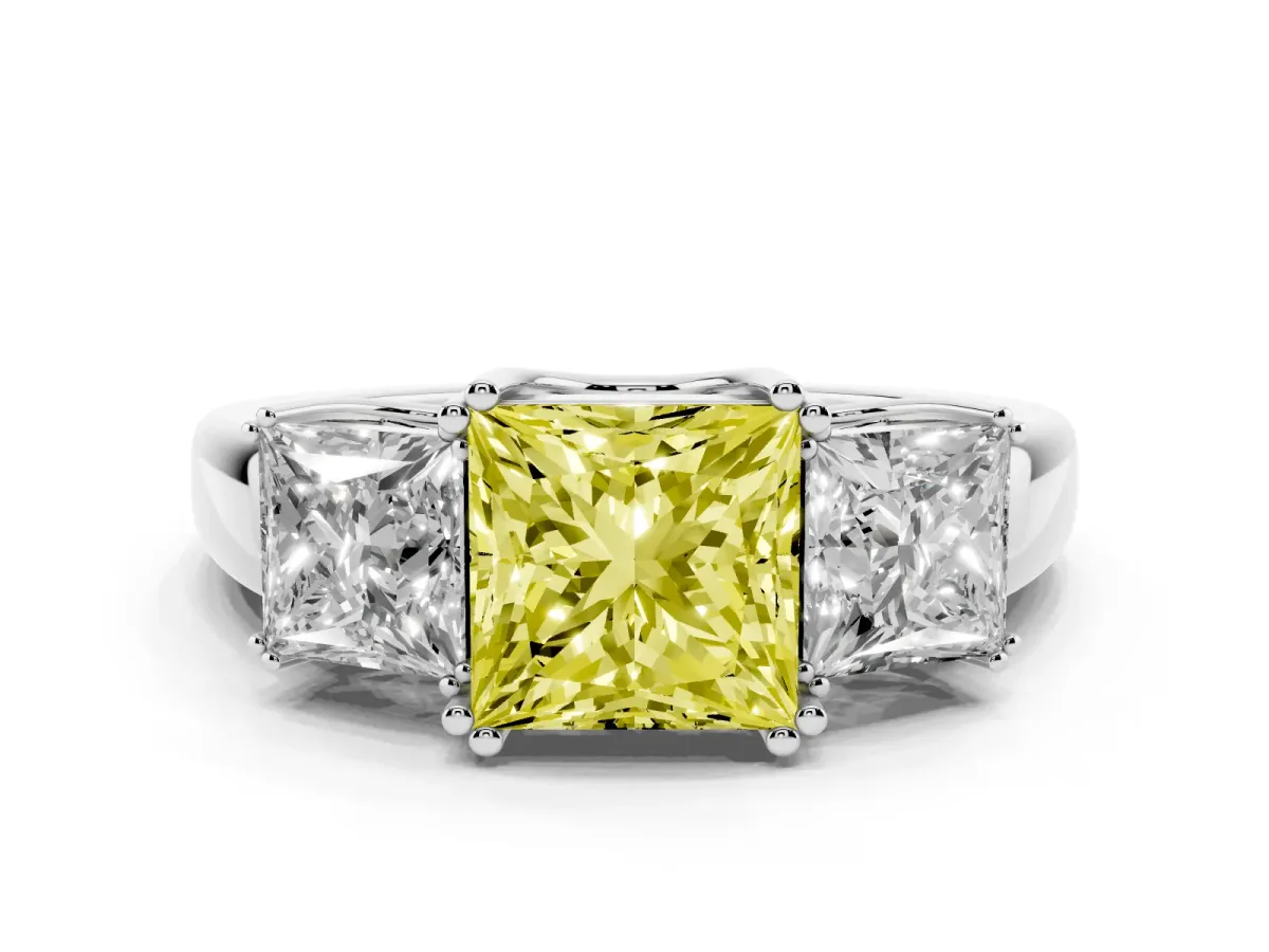 Fancy Yellow Three-Stone Princess Cut Cut Diamond Ring with Channel Set Band and Four-Prong Setting White gold