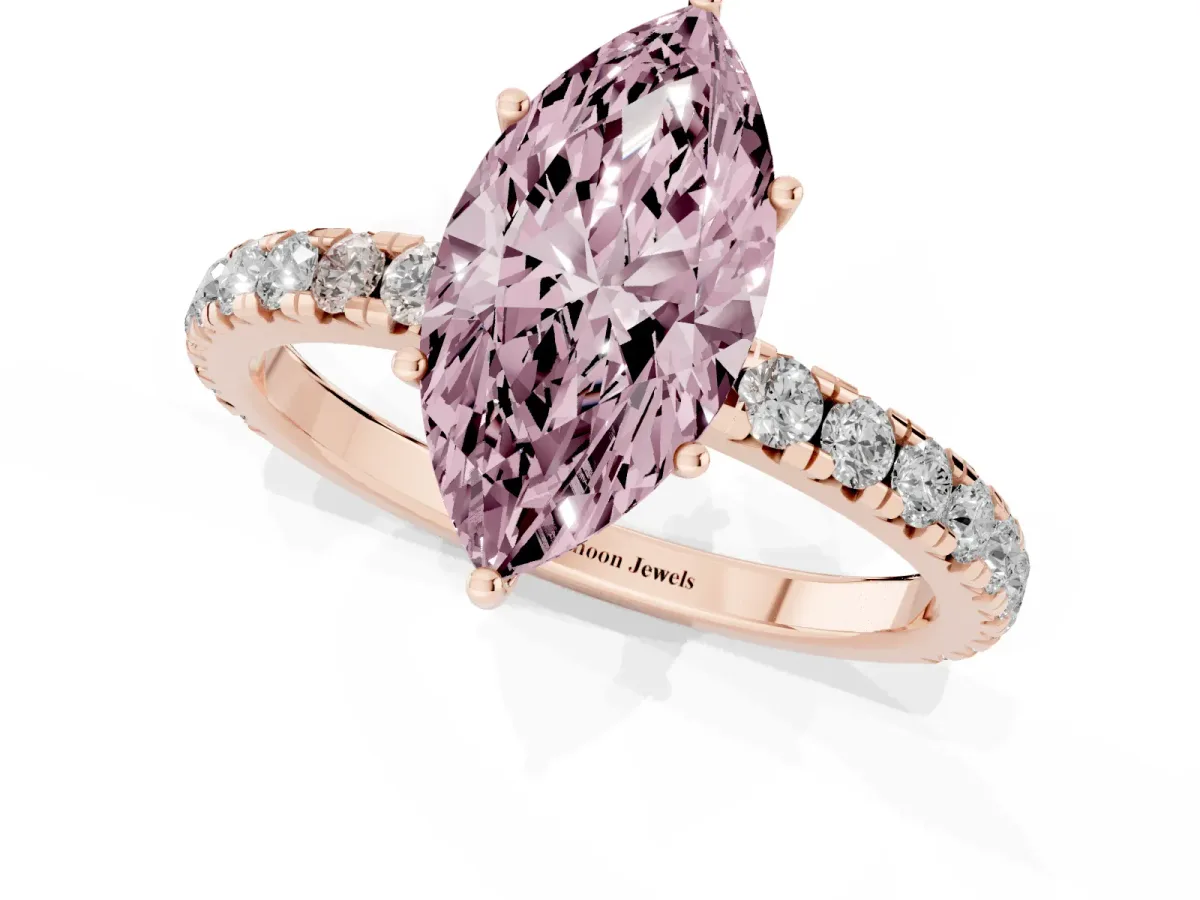 Fancy Pink Marquise Cut Diamond Pavé Solitaire Engagement Ring with Four-Prong Setting Rose gold