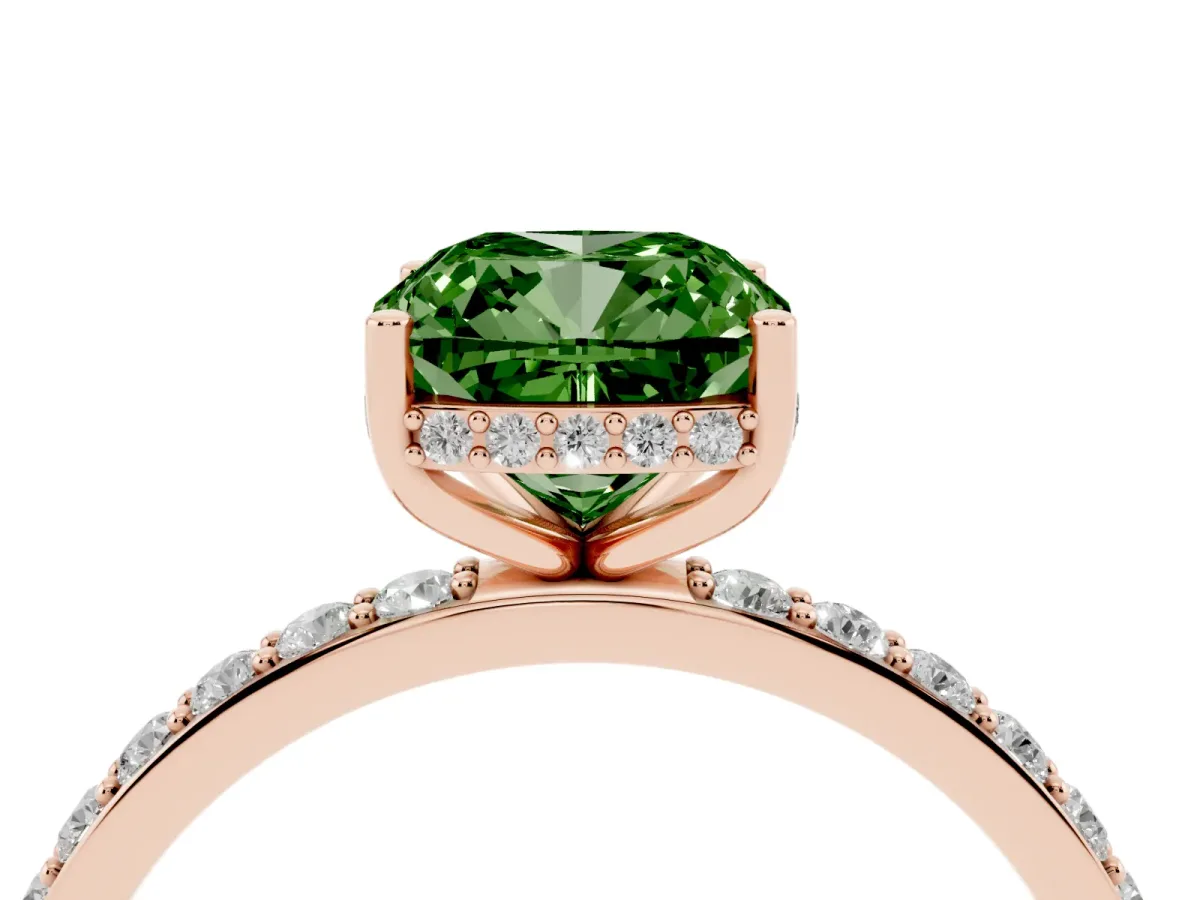 Fancy Green Cushion Cut Diamond Solitaire Ring with Pavé Band and Hidden Halo Rose gold
