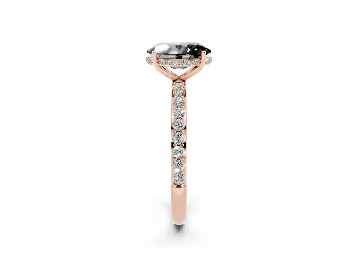 Fancy Black Oval Cut Diamond Solitaire Ring with Pavé Band and Hidden Halo Rose gold