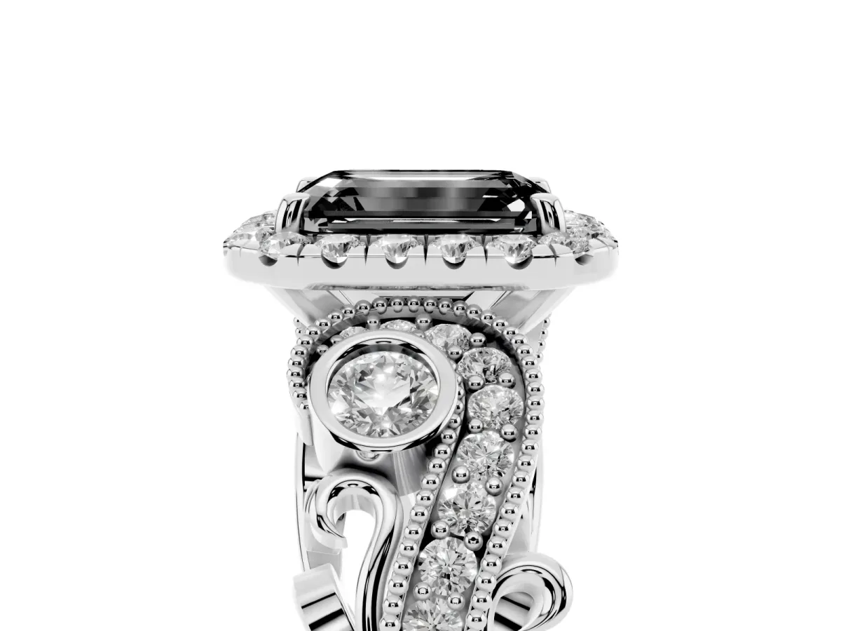 Fancy Black Emerald Cut Halo Diamond Ring with Milgrain and Bezel Accents on a Split Shank Band Platinum