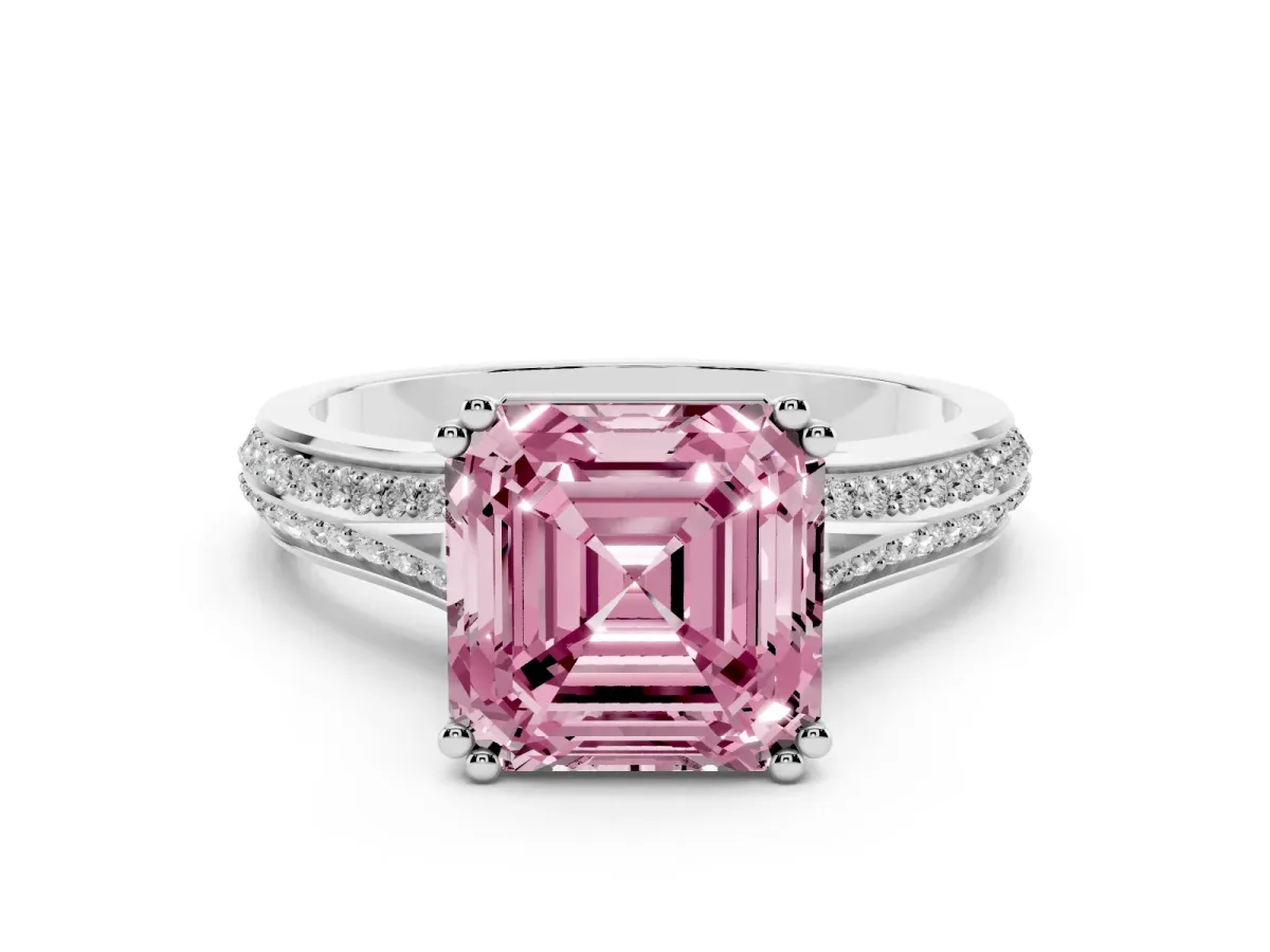 Fancy Pink Asscher Cut Diamond Split Shank Engagement Ring with Pavé Band Silver