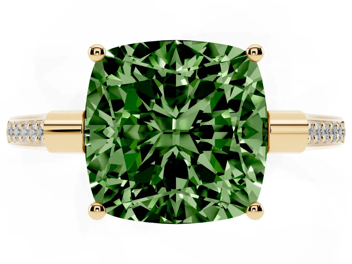 Fancy Green Cushion Cut Solitaire Diamond Ring with Channel Set Band and Bezel Prong Setting Yellow gold