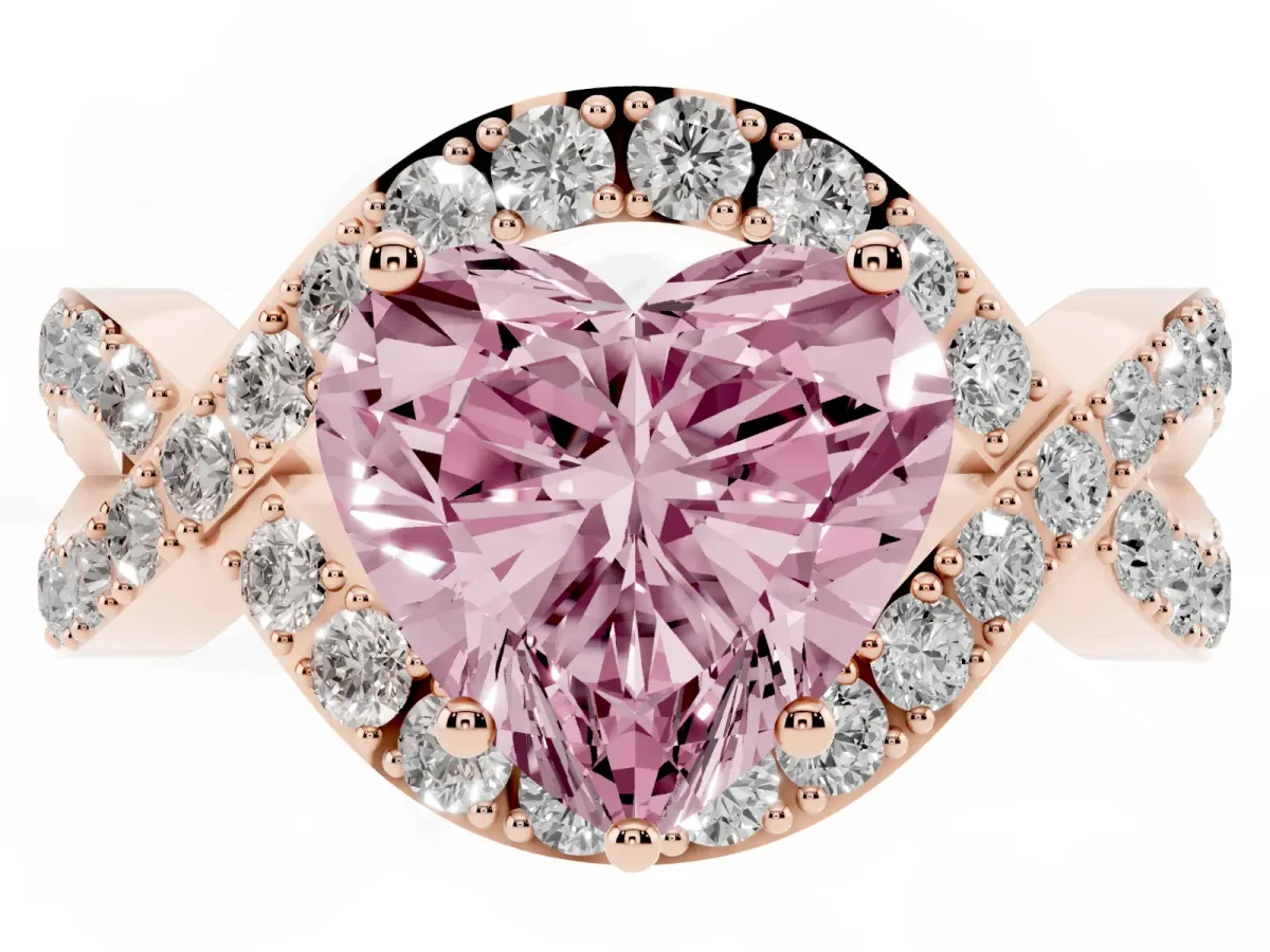 Fancy Pink Heart Cut Solitaire Twist Band Pavé Diamond Engagement Ring Rose gold